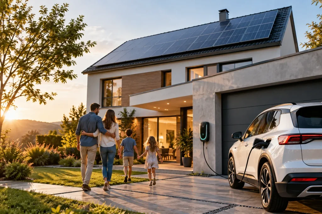 Vivienda unifamiliar con paneles solares en el tejado al atardecer